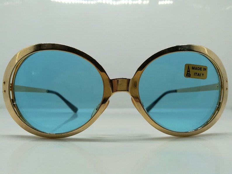 60年代末 jackie o 女 复古 玻璃太阳镜 金色框墨镜 意大利
