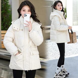 千鸟格子羽绒棉服女中长款 女装 连帽宽松加厚保暖外套 新款 2025冬季