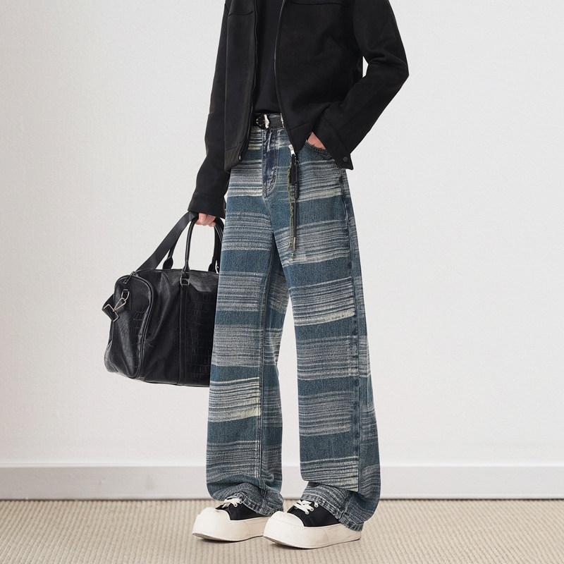 美式高街设计感条纹阔腿裤男潮牌百搭宽松直筒休闲长裤小众设计裤,男装,牛仔裤,淘宝优惠券,粉丝福利购,淘宝优惠卷