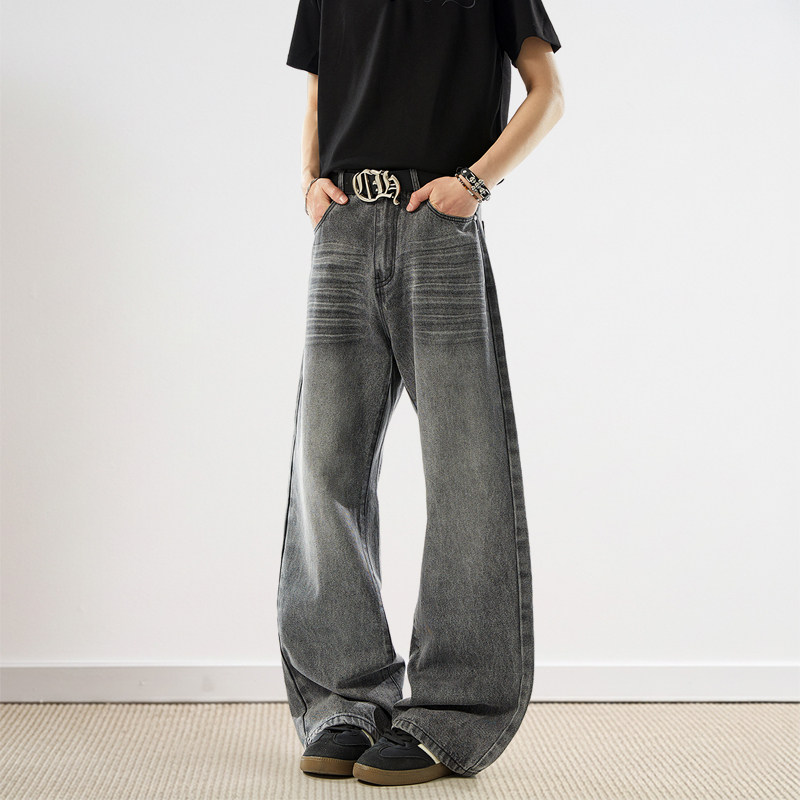 春季新款复古水系白猫须宽松阔腿牛仔裤男拖地长裤美式潮牌百搭,男装,牛仔裤,淘宝优惠券,粉丝福利购,淘宝优惠卷