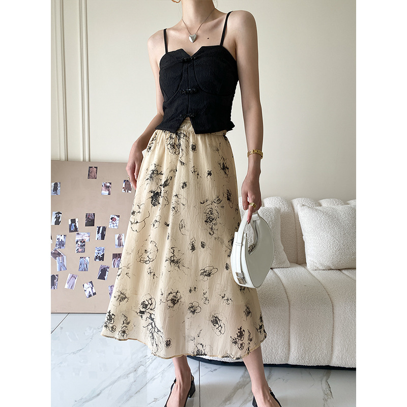 司南 优雅水墨花色高腰网纱半身裙女夏季中长款2023年新款 SN1737