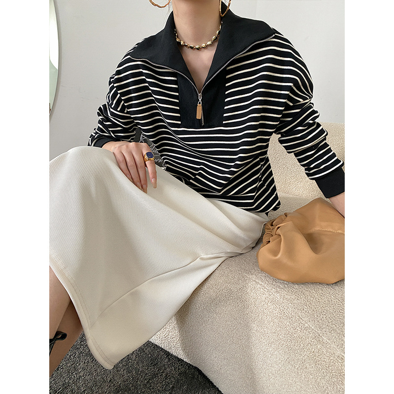 司南 法式拉链Polo领条纹卫衣设计感小众2025秋冬新款 SN2133