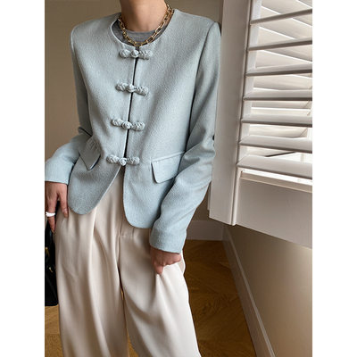 司南新中式国风盘扣秋冬圆领正肩颗粒感小香风外套短款 SN4075