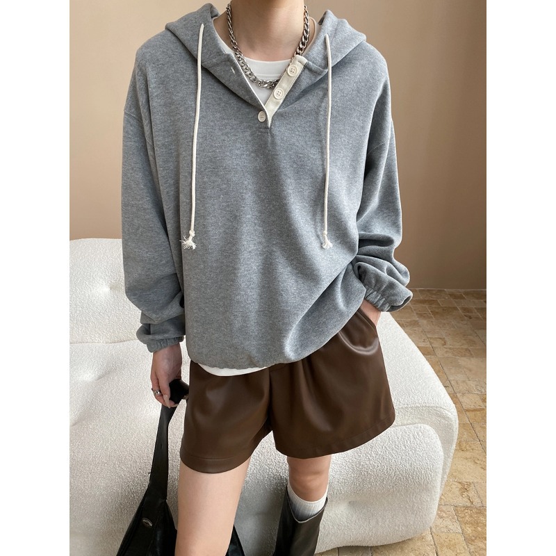 司南 莱赛尔天丝 设计感抽绳连帽纽扣半门襟休闲宽松卫衣 SN7965