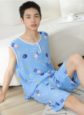 夏天青少年绵绸无袖短裤睡衣套装家居服6-16岁休闲棉绸大中童套装