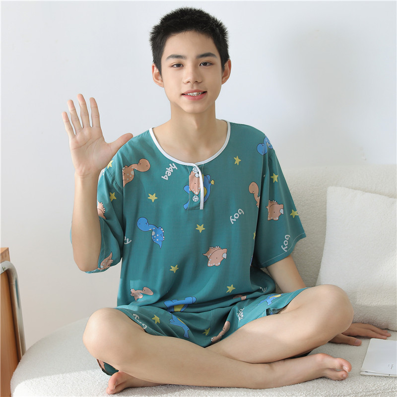 2023新款睡衣男士夏季棉绸短袖短裤薄款男生夏天青少年家居服套装