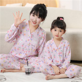 男女空调服儿童睡衣中大童套装 母女夏季 薄款 长袖 棉绸家居服亲子装
