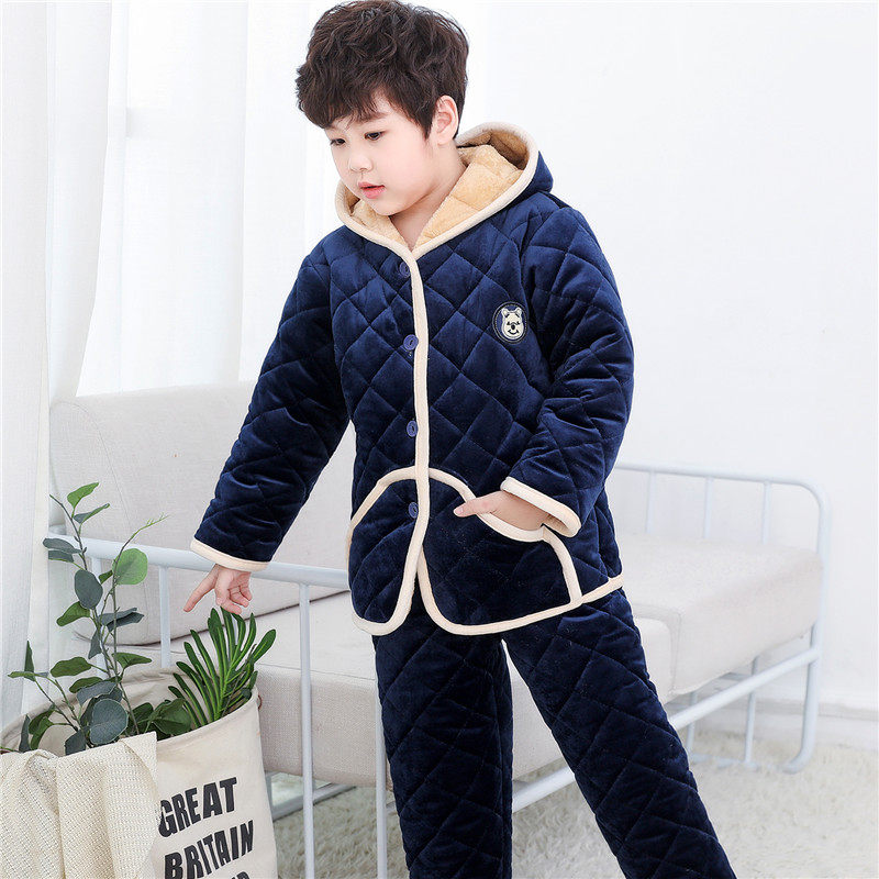 冬季儿童睡衣三层加厚夹棉珊瑚绒男童女大童法兰绒棉袄家居服套装