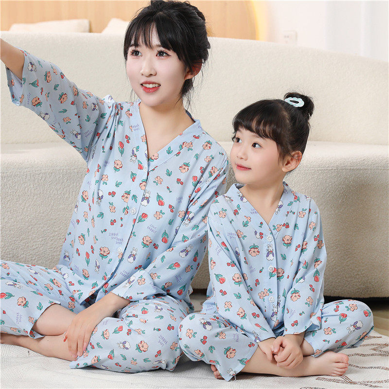 夏季亲子睡衣薄款棉绸女童绵绸空调服儿童棉绸空调防蚊家居服套装