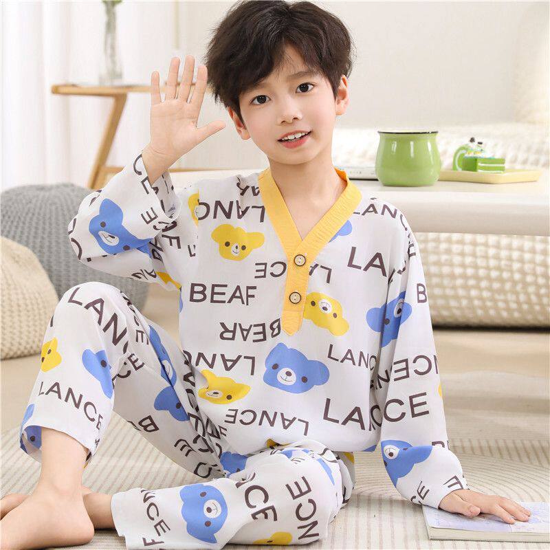 夏季薄款绵绸长袖儿童睡衣男童女孩空调服3-8-14岁棉绸家居服套装