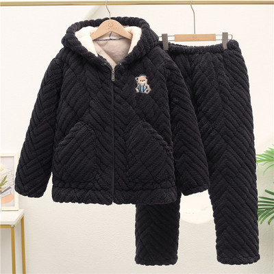 冬季儿童三层夹棉加厚睡衣大童珊瑚绒男童法兰绒男孩子家居服套装