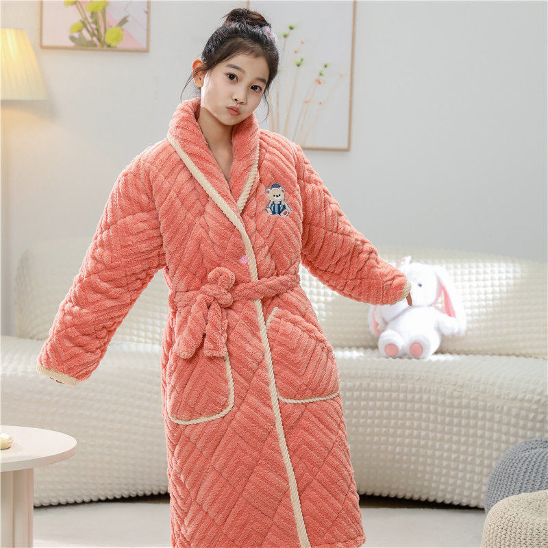 儿童夹棉睡袍冬季三层夹棉加厚加绒男童女童法兰绒中大童家居浴袍