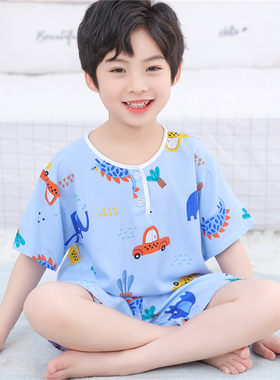 儿童夏天绵绸睡衣男童纯棉绸小孩