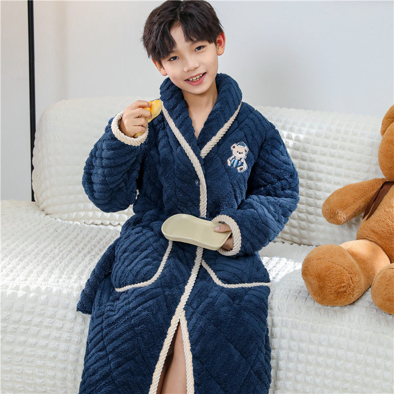 儿童三层睡袍夹棉冬季加厚加绒男童女童法兰绒中大童特厚睡衣浴袍