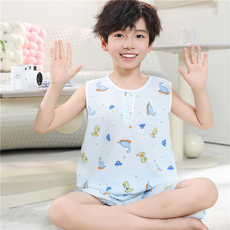 夏季男童中大孩薄款空调服家居服儿童卡通宝宝云朵棉背心睡衣套装
