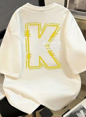 100%纯棉美式潮牌嘻哈字母K印花藏蓝色短袖T恤男女夏季ins风宽松