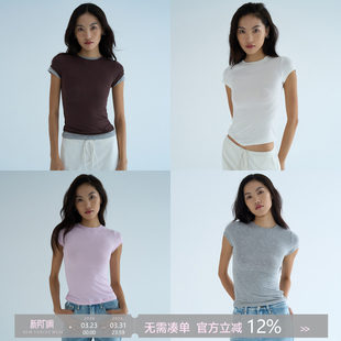aolol面膜T恤ski 裸感莫代尔短袖 T恤女夏修身 大弹力圆领上衣 同款