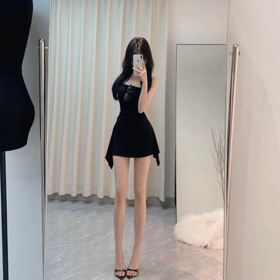 带胸垫纯欲褶皱掐腰辣妹修身百搭显白A字鱼尾抹胸连衣裙短裙子女