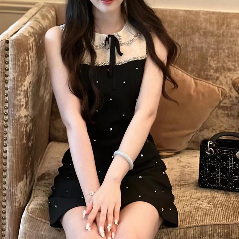 FFmiss◆法式镶钻娃娃领气质无袖洋装女夏设计感钉珠蝴蝶结短裙