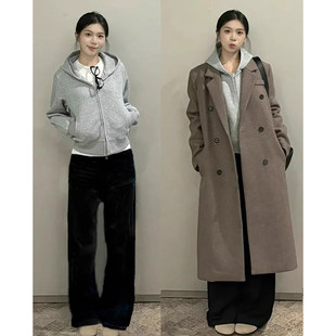 灰色厚棉T外套显瘦正肩女款春秋季连帽风衣大衣内搭叠穿短款可外