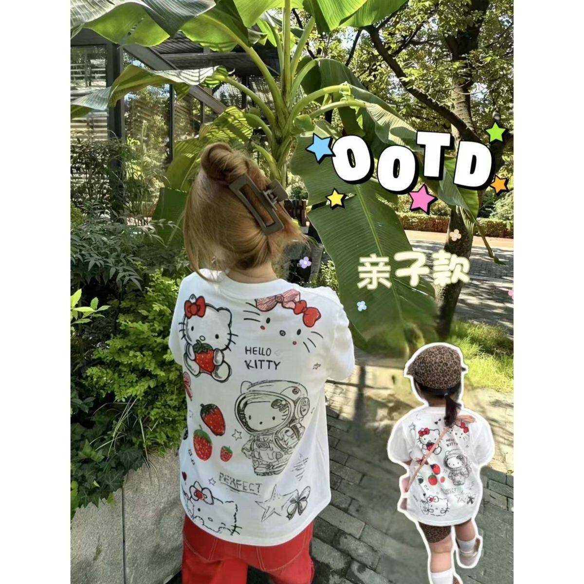 母子装女童短袖T恤夏季新款韩版宽松卡通kitty猫印花可爱百搭上衣