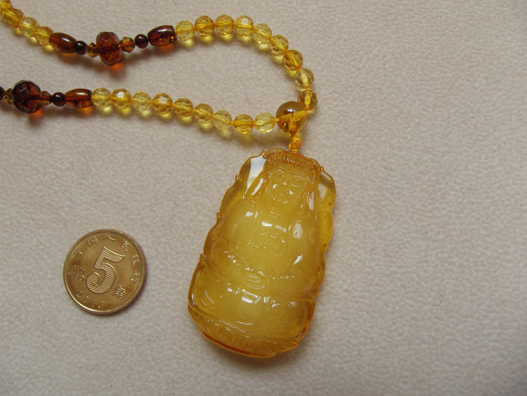 观音 波兰天然琥珀 半蜜半珀 珍珠蜜蜡 项坠吊坠挂件 项链 鉴定