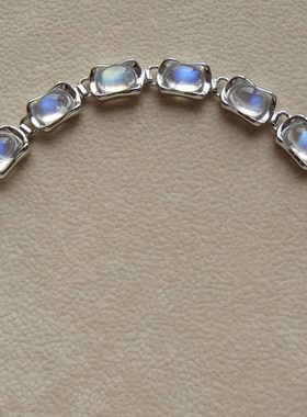 蓝光 彩虹光 天然冰种玻璃体月光石手链 正品 925纯银镶宝石 水晶