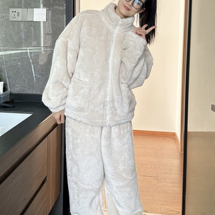 西里家居服纯色加绒加厚北极绒睡衣女立领拉链可外穿湖南省服1090