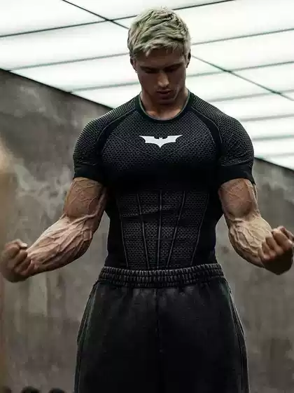 Youngla Batman Superman Men's T-Shirt Sports Fitness Quick-Drying Breathable Elastic Slim Short-Sleeved Training Top