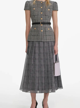 selfSP2026早春新款灰色格子小香风连衣裙女高级感气质收腰中长裙