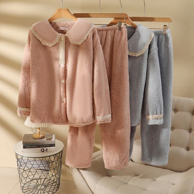 法兰绒加绒加厚睡衣套装2025秋冬新款可外穿两件套娃娃领居家服女