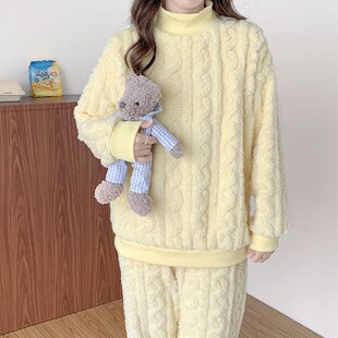 珊瑚绒圆领套头睡衣半高领女加绒加厚秋冬毛绒绒可外穿家居服套装