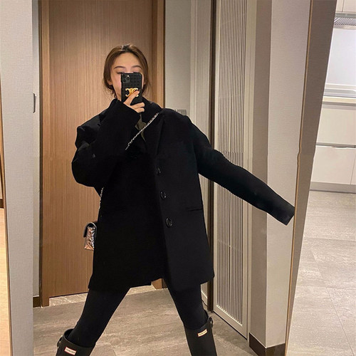 80羊毛黑色西装外套女冬
