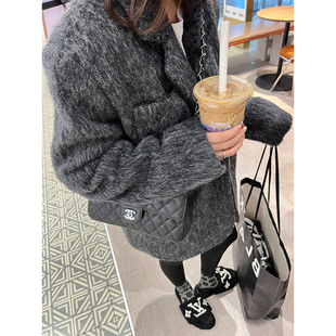 50羊毛波点内衬灰色马海毛大衣女中长款羊毛呢西装外套秋冬韩版