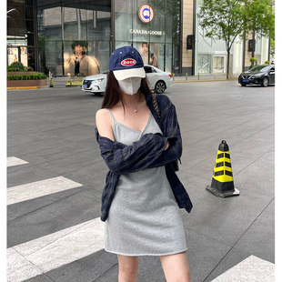 100%棉 夏日微宽松显瘦弹力纯色高腰V领卷边针织吊带连衣裙女