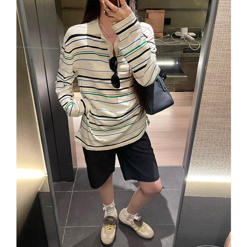 清爽条纹针织polo衫女