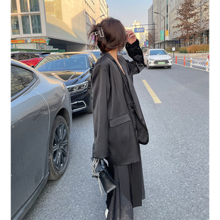 炸街girl~ 黑色醋酸名媛西装外套女2026春秋季缎面休闲西服光泽感