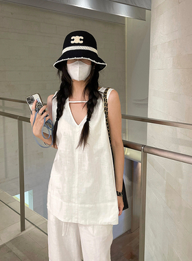 白色亚麻背心女夏外穿无袖上衣坎肩宽松棉麻背心无袖正肩上衣镂空