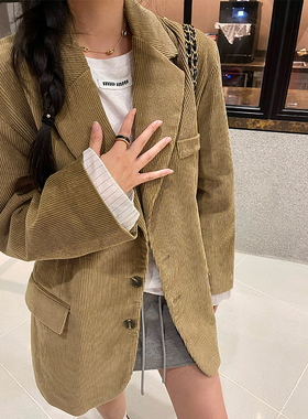 EEWEN浅卡其西装外套女2026新款春季休闲西服灯芯绒宽松外套拼接