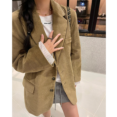 休闲西服灯芯绒宽松外套拼接