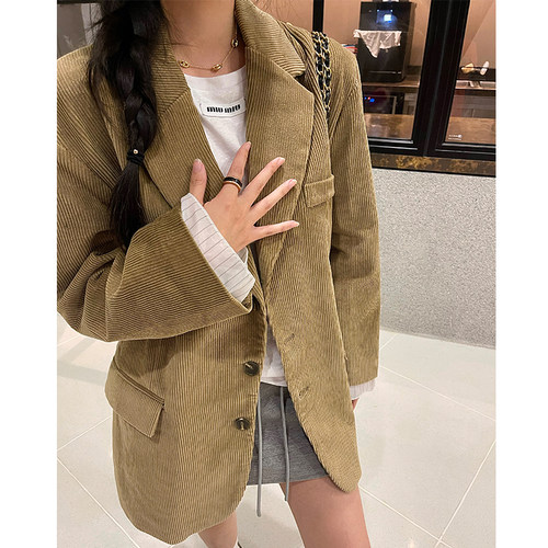 休闲西服灯芯绒宽松外套拼接