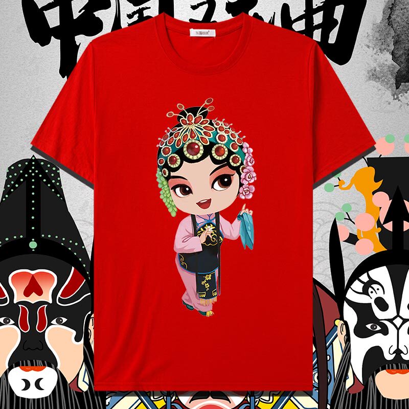创意中国风传统文化戏曲京剧脸谱Q版花旦印花图案宽松男女纯棉t恤 - 实物图