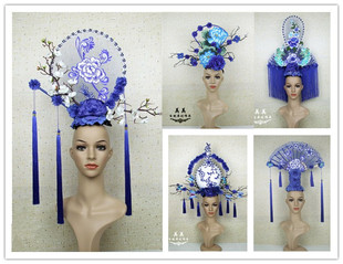 中国风青花瓷系列创意头饰走秀模特比赛夸张头饰彩妆造型头饰B