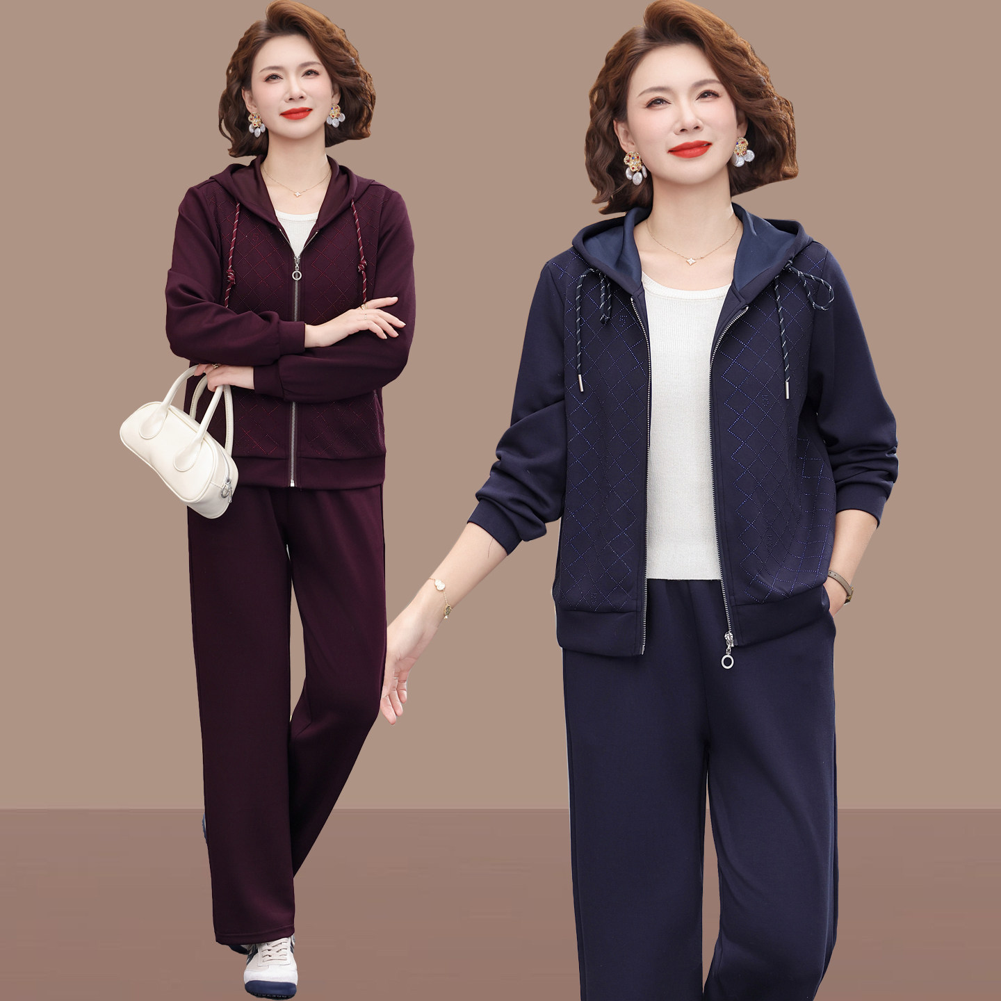 中年女士春装运动套装休闲连帽上衣女40岁妈妈春季新款时尚两件套