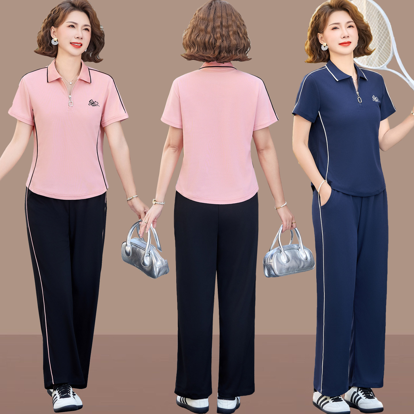 妈妈短袖运动套装夏季新款40岁中年女士夏装翻领上衣休闲两件套夏