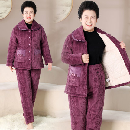 中老年妈妈冬季睡衣加绒加厚中长款50岁60中年女冬装大码宽松套装