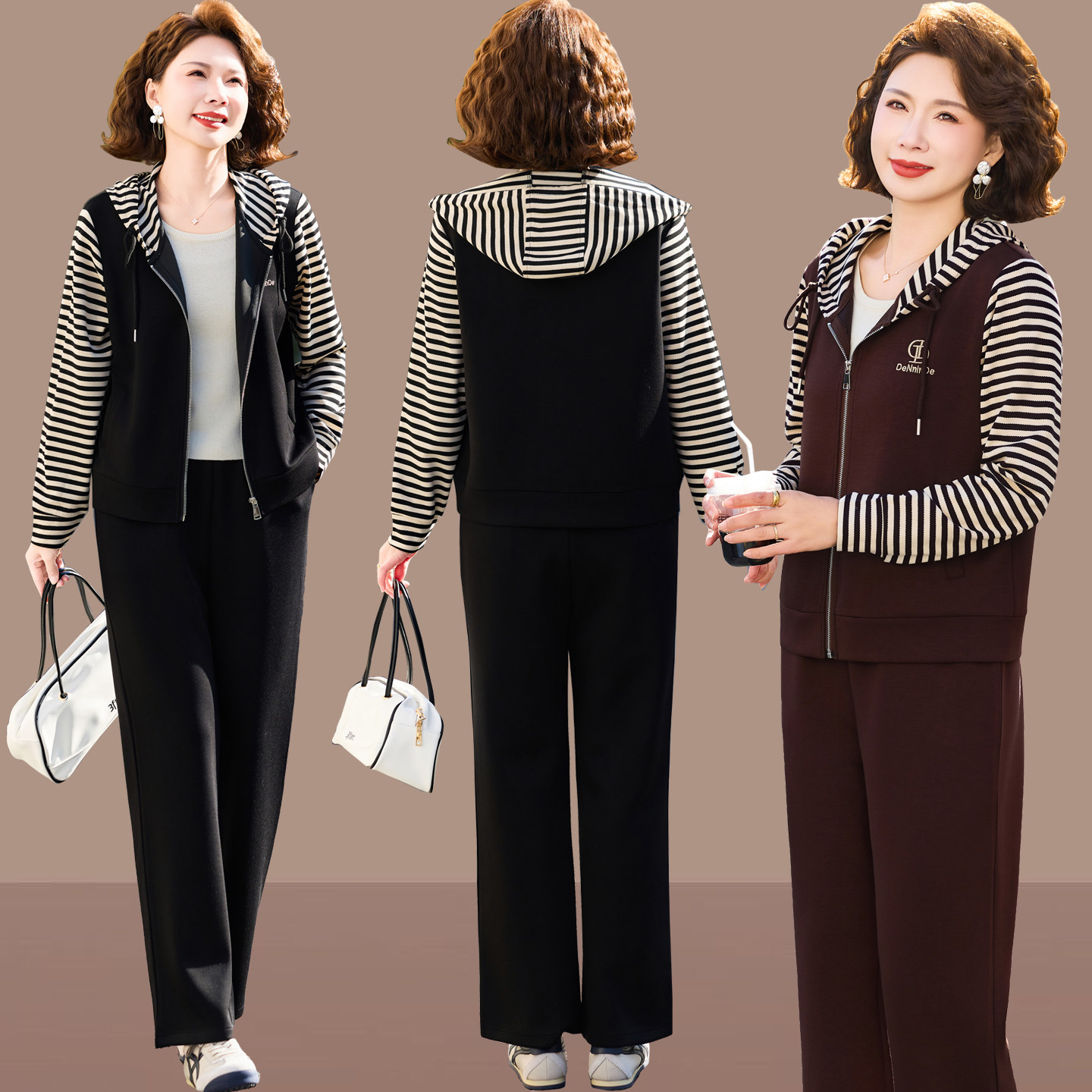 妈妈上衣春装条纹新款运动套装40岁50中年女士春季休闲两件套长袖