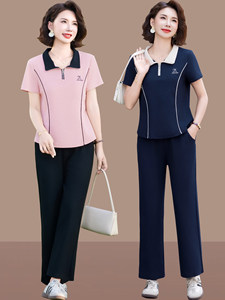 妈妈夏装短袖运动套装40岁中老年女装夏季休闲上衣女士夏天两件套