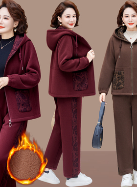中老年妈妈洋气外套秋冬新款运动上衣女40岁中年女装冬装加绒套装