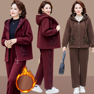 中老年妈妈洋气外套秋冬新款运动上衣女40岁中年女装冬装加绒套装